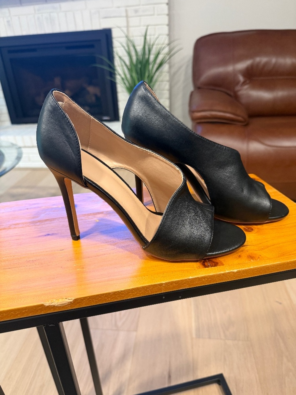 Black Leather Open Toe Cutout Heels Size 10 with 4.5" Heel